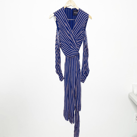 NICHOLAS Pinstripe Wrap Dress Navy Blue Midi silk cold shoulder women's 2 - Picture 2 of 5